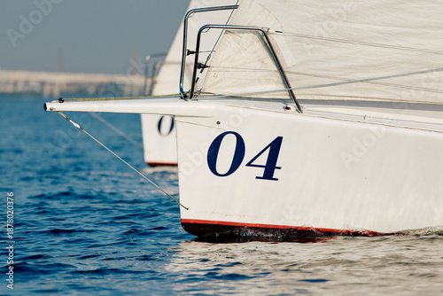 Photos bow of a sailing boat with bowsprit at sailing regatta in the Gulf of Finland at