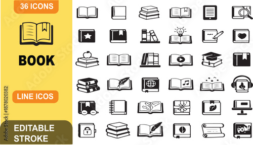 Book icon set. Containing library, read, author, journal, reading, bookshelf, magazine, e-book and more. Vector solid icons collection.