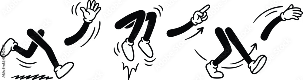 Obraz premium Funny stick figure motion icons set showing running jumping pointing waving cartoon limbs dynamic movement poses for animation illustration design projects marketing ui