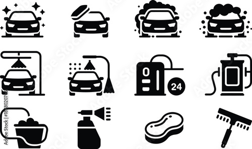 Car wash and auto detailing solid icon set featuring cleaning services, washing equipment, foam, brushes, fuel station, and professional vehicle maintenance symbols
