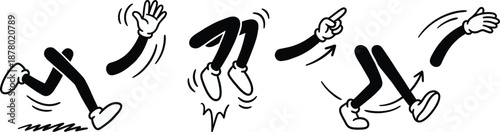 Funny stick figure motion icons set showing running jumping pointing waving cartoon limbs dynamic movement poses for animation illustration design projects marketing ui
