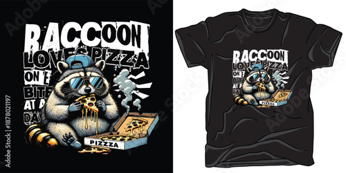 Cool raccoon eating pizza slice t-shirt design with sunglasses and snapback hat streetwear