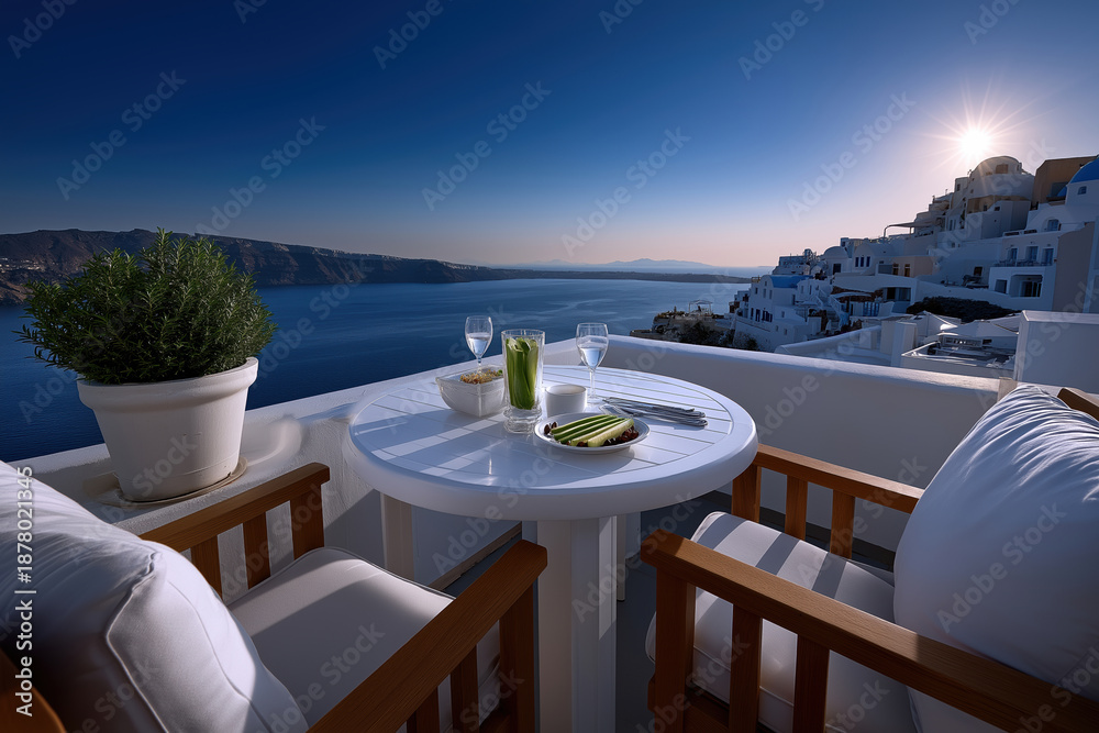 Obraz premium Enjoying drinks and snacks on a balcony with ocean view at sunset