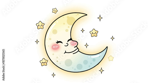 A super cute kawaii Chinese mascot vector of a smiling crescent moon with rosy cheeks and closed eyes surrounded by stars on a white background.