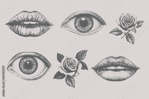 lips, mouth, eyes and rose halftone collage style vector illustration. Retro Trendy halftone grunge punk doodle scribbles collection. Eps 10