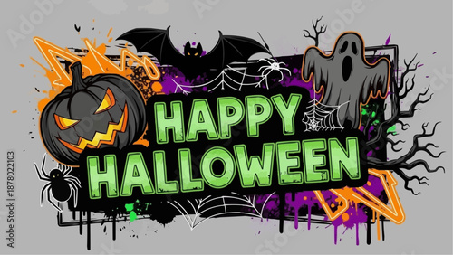 Vibrant Halloween celebration with spooky decorations and greetings