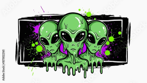 Three green aliens with dripping goo in a graffiti style