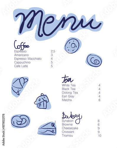 Menu Design - Coffee, Tea and Bakery Price List with Hand-Drawn Illustrations. Elegant minimalist cafe menu template featuring a warm beige and brown color scheme.