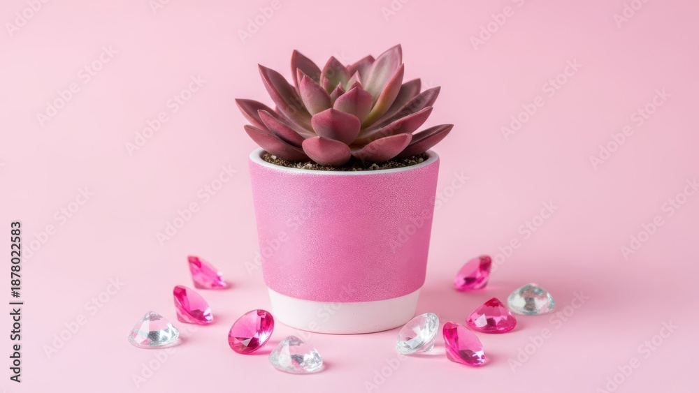 Obraz premium Pink succulent plant in a pink pot with white base surrounded by pink and clear gems on pink background
