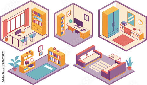 Home interiors elements concept isometric 3d icons set. Furnished rooms isometry isolated collection. bedroom, childs room, Living room, kitchen with dining space, hall and other. Vector illustration
