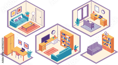 Home interiors elements concept isometric 3d icons set. Furnished rooms isometry isolated collection. bedroom, childs room, Living room, kitchen with dining space, hall and other. Vector illustration