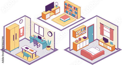 Home interiors elements concept isometric 3d icons set. Furnished rooms isometry isolated collection. bedroom, childs room, Living room, kitchen with dining space, hall and other. Vector illustration