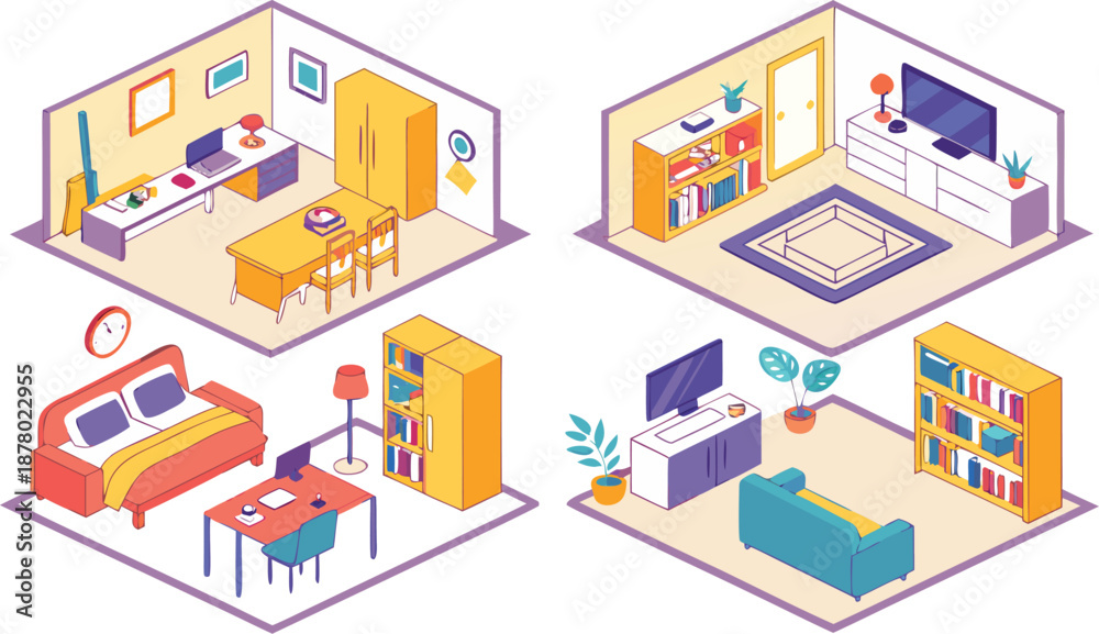 Obraz premium Home interiors elements concept isometric 3d icons set. Furnished rooms isometry isolated collection. bedroom, childs room, Living room, kitchen with dining space, hall and other. Vector illustration