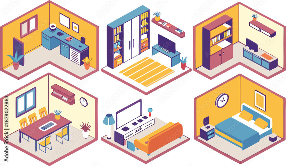 Obraz premium Home interiors elements concept isometric 3d icons set. Furnished rooms isometry isolated collection. bedroom, childs room, Living room, kitchen with dining space, hall and other. Vector illustration