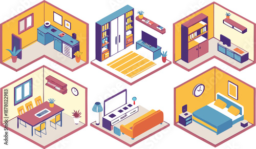 Home interiors elements concept isometric 3d icons set. Furnished rooms isometry isolated collection. bedroom, childs room, Living room, kitchen with dining space, hall and other. Vector illustration