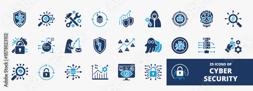 Set of a collection of cyber security icons suitable for web and mobile application. Set of glyph blue style icons with secure, engineer, vulnerability, malware, phishing, and more icons