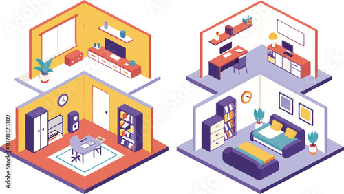 Home interiors elements concept isometric 3d icons set. Furnished rooms isometry isolated collection. bedroom, childs room, Living room, kitchen with dining space, hall and other. Vector illustration