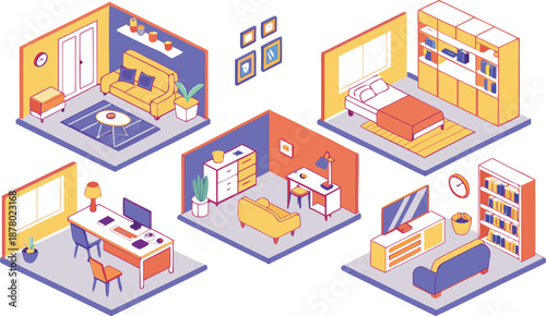 Home interiors elements concept isometric 3d icons set. Furnished rooms isometry isolated collection. bedroom, childs room, Living room, kitchen with dining space, hall and other. Vector illustration
