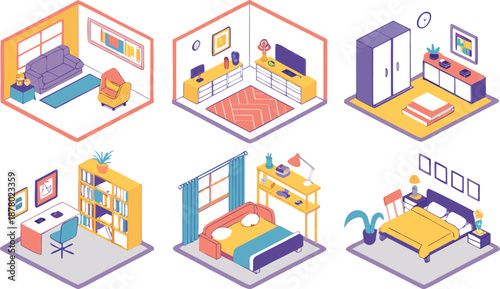 Home interiors elements concept isometric 3d icons set. Furnished rooms isometry isolated collection. bedroom, childs room, Living room, kitchen with dining space, hall and other. Vector illustration