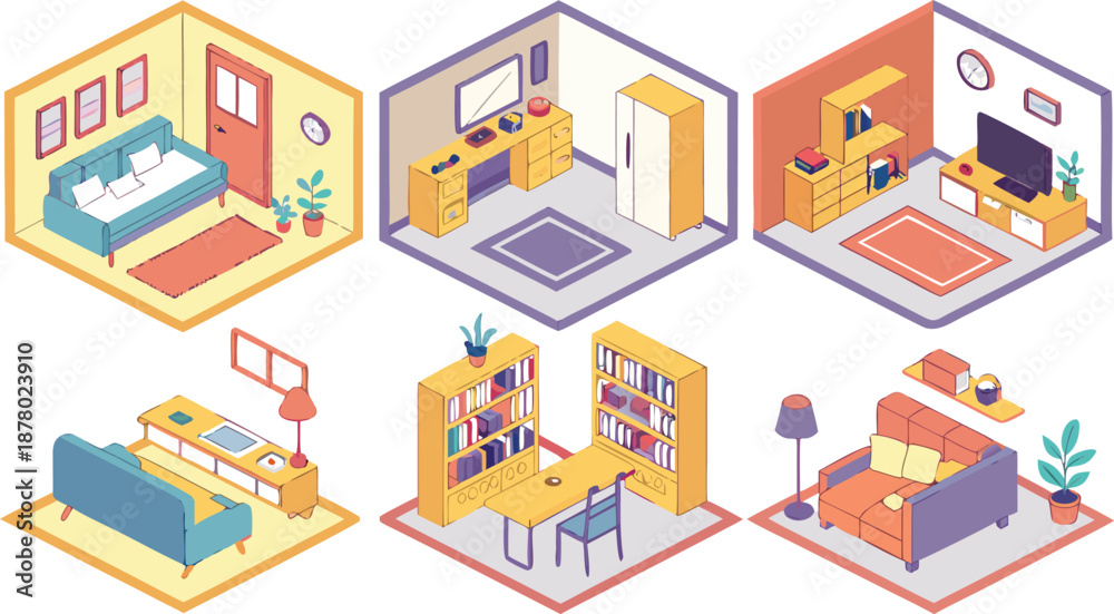 Obraz premium Home interiors elements concept isometric 3d icons set. Furnished rooms isometry isolated collection. bedroom, childs room, Living room, kitchen with dining space, hall and other. Vector illustration