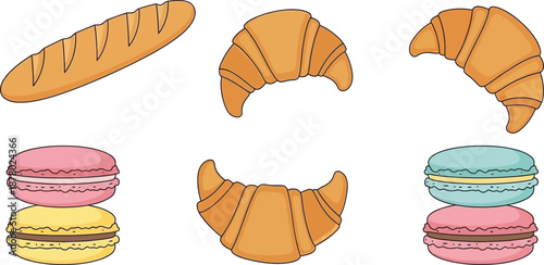 French bakery pastry collection featuring crusty baguette golden croissants and colorful sweet macarons on transparent ground