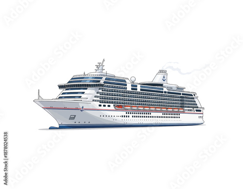 Illustration of a large, multi-decked passenger cruise ship sailing on the water with a white background, showcasing a popular mode of sea travel and leisure for vacationers
