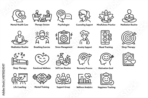 Mental health icons: therapy, wellness, mindfulness, support, meditation