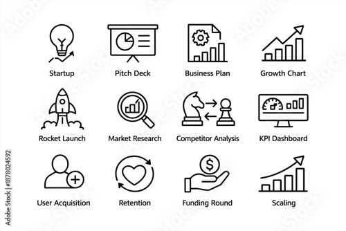Business strategy icons: startup, market research, growth chart, kpi dashboard, funding