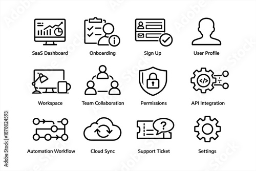 Minimalist icon set featuring saas dashboard and team collaboration tools