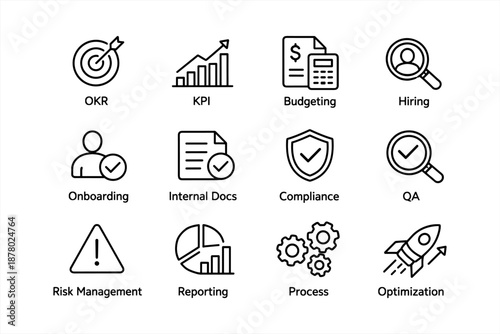 Business concepts: okr, kpi, budgeting, hiring, onboarding, compliance, qa, risk, reporting, process, optimization