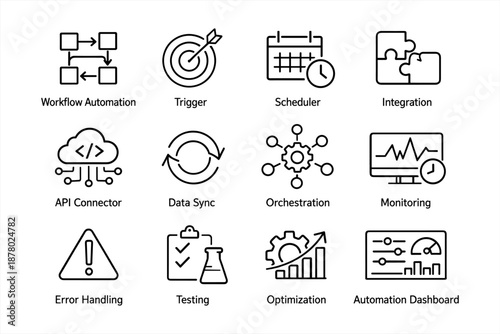Workflow automation icons: trigger, scheduler, integration, api connector, monitoring