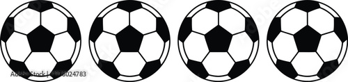 Four soccer balls in a row on white background