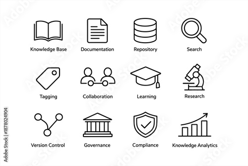 Icons representing knowledge management and research concepts in a clean black and white design