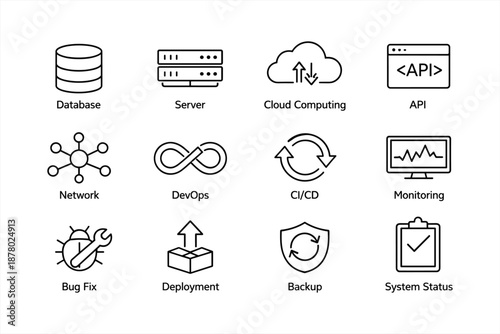 Icon set illustrating database, server, cloud, api, and devops concepts