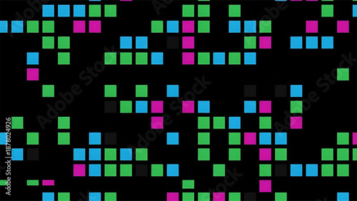 Vibrant and abstract digital background displaying randomly scattered colorful pixel squares on black.