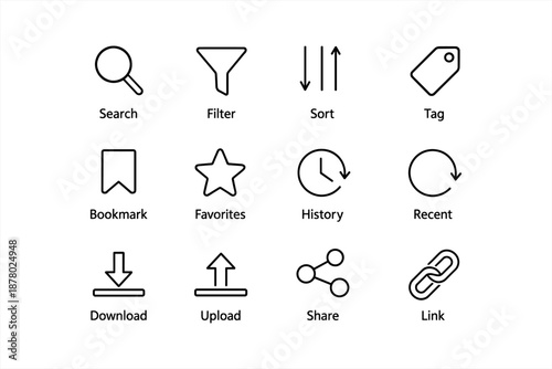 Essential user interface icons: search, filter, sort, tag, bookmark, favorites, history, recent, download, upload, share, link