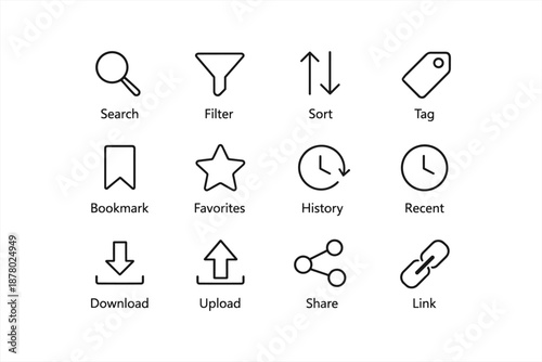 Set of simple line icons: search, filter, sort, tag, bookmark, and more