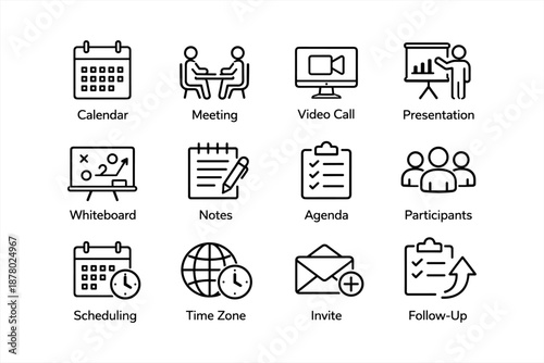 Office icons set: calendar, meeting, video call, presentation, scheduling, agenda tools