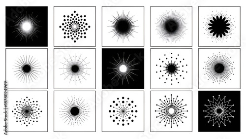 Set of monochrome sunburst and starburst halftone dot patterns and radial designs.