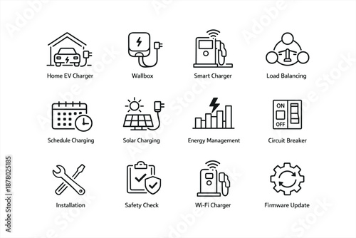 Electric vehicle charging solutions and management icons set
