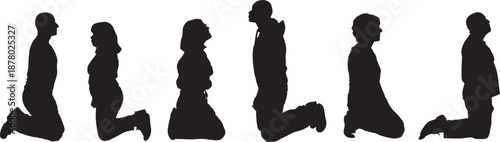 vector, group of people kneeling on white background