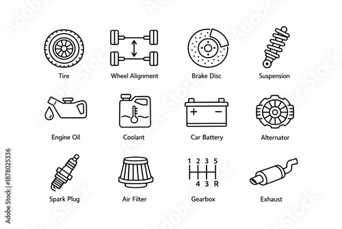 Car maintenance icons: tire, alignment, brake disc, suspension, engine oil, coolant, battery