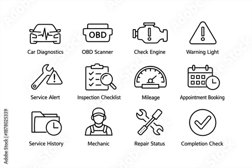 Automotive icons for car diagnostics and maintenance