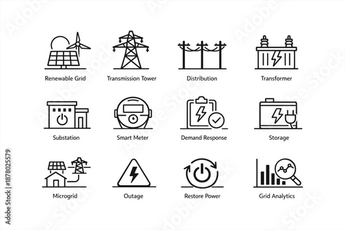 Renewable energy icons: grid, tower, distribution, transformer, microgrid
