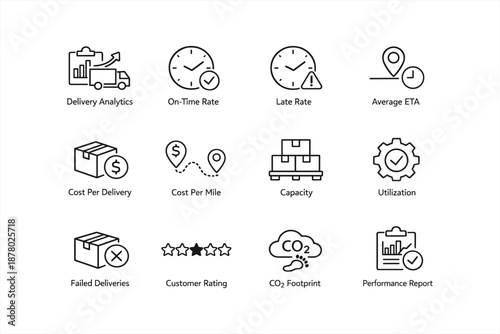 Logistics and delivery analytics icons: on-time rate, capacity, co2 footprint