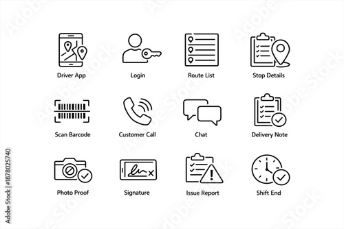 Delivery app interface icons for logistics and communication tasks