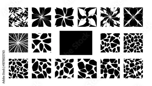 A diverse set of abstract organic and floral patterns presented in striking monochrome style.