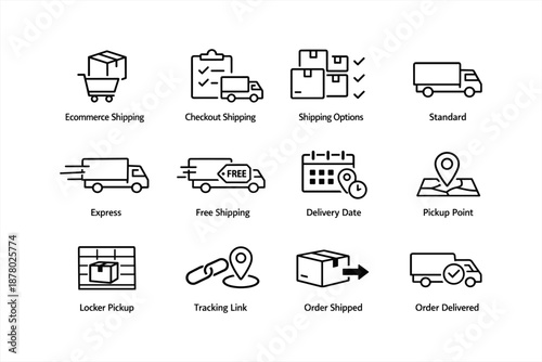 Shipping and delivery icons set with various shipping options, free shipping, and order tracking