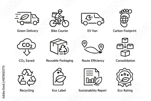 Eco-friendly logistics icons: green delivery, reusable packaging, carbon footprint
