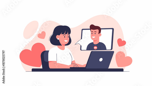 Young woman video chatting with a handsome man on her laptop, surrounded by hearts, symbolizing online dating and long-distance relationships